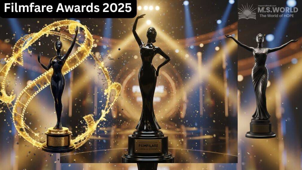 70वें फिल्मफेयर अवार्ड्स 2025 की प्रतिष्ठित 'ब्लैक लेडी' ट्रॉफी, सुनहरी रोशनी और ग्लैमरस पृष्ठभूमि के साथ।