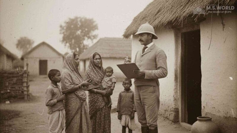 भारत में जनगणना के इतिहास को दर्शाती एक विंटेज-शैली की तस्वीर, जिसमें एक ब्रिटिश जनगणना गणक 1881 के दौरान एक ग्रामीण भारतीय परिवार से जानकारी एकत्र कर रहा है।