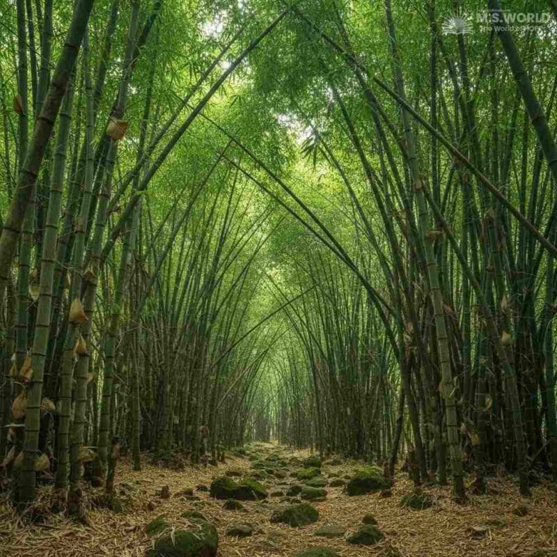 छत्तीसगढ़ में एक घने बांस के जंगल का सुंदर दृश्य, जिसमें बांस के पेड़ एक प्राकृतिक मेहराब (arch) बना रहे हैं।