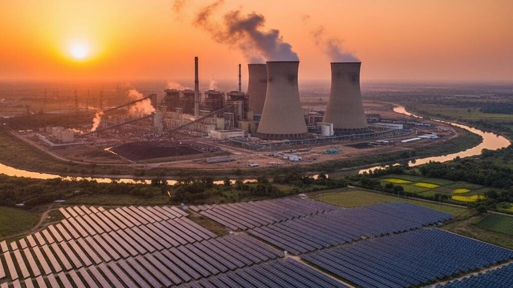 कोरबा के एक ताप विद्युत संयंत्र की चिमनियों का चित्र - ऊर्जा संसाधनों पर आसान क्विज़