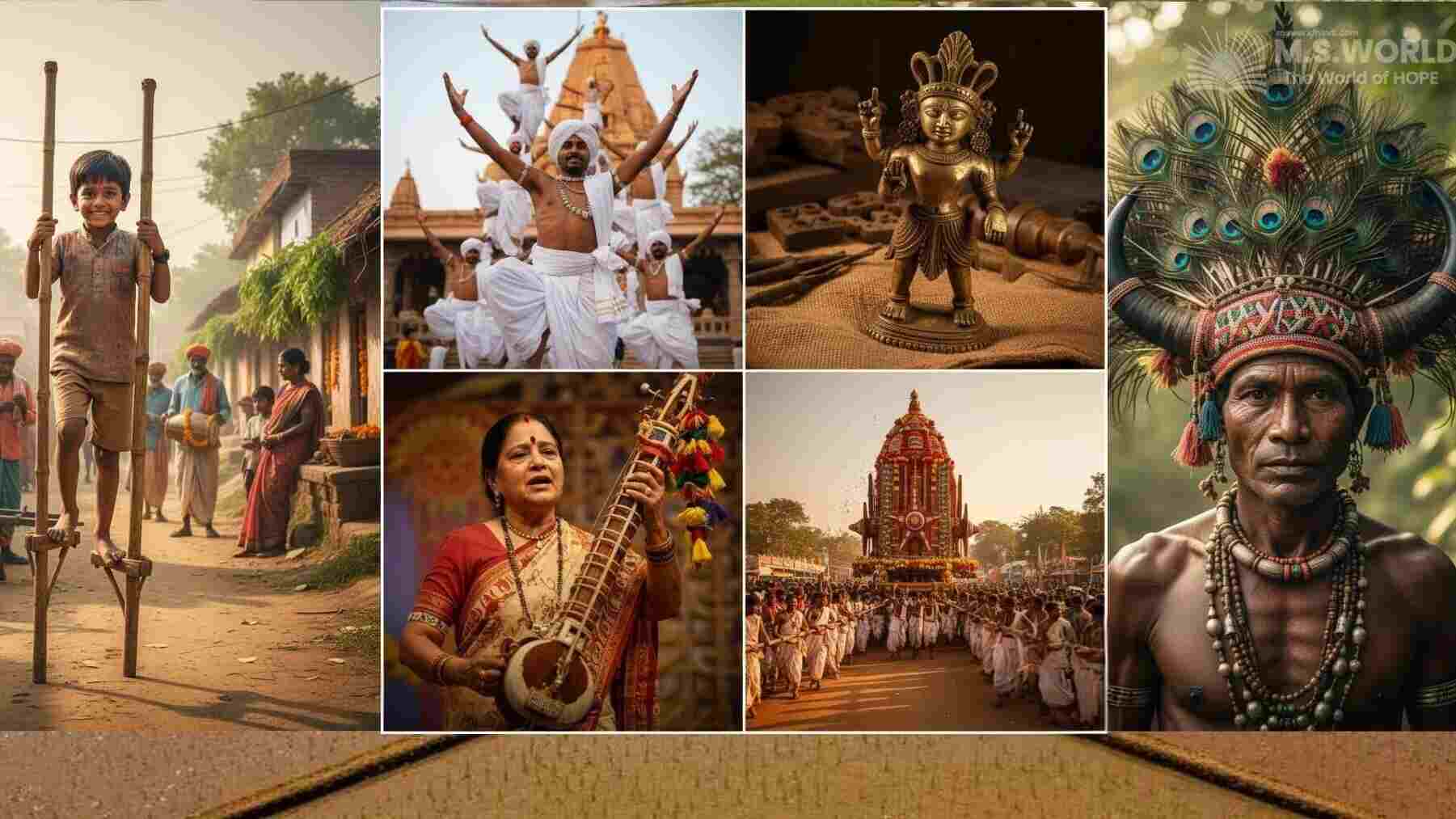 छत्तीसगढ़ की कला एवं संस्कृति का एक जीवंत कोलाज, जिसमें हरेली का गेड़ी नृत्य, पंथी नृत्य, ढोकरा शिल्प, पंडवानी गायिका तीजन बाई, बस्तर का दशहरा और एक गौर मुकुट पहने आदिवासी व्यक्ति शामिल हैं।