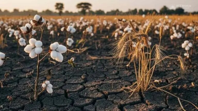 छत्तीसगढ़ की सूखी, फटी हुई काली 'कन्हार' मिट्टी, जिसमें कपास और गेहूं की फसलें उगी हुई हैं।