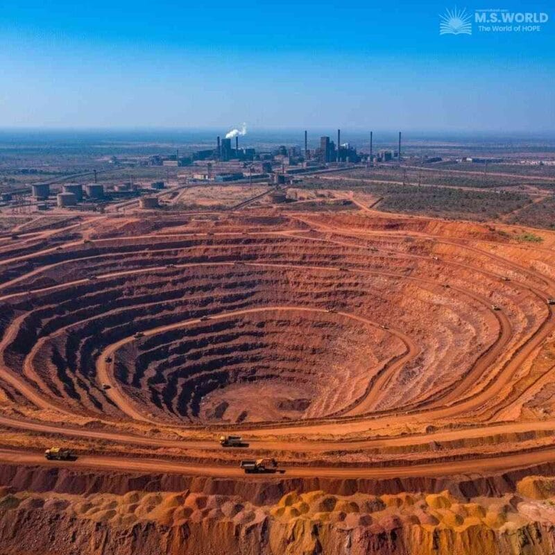 छत्तीसगढ़ में एक विशाल लौह अयस्क खदान का एरियल व्यू, जो राज्य के खनिज आधारित उद्योगों का प्रमुख स्रोत है।
