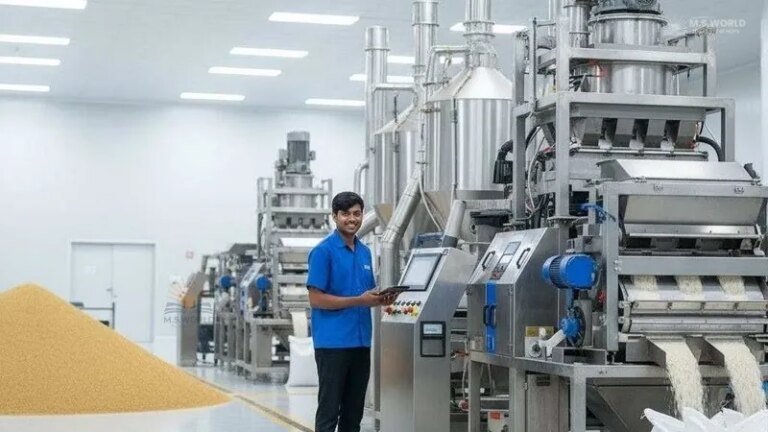 छत्तीसगढ़ में एक आधुनिक चावल मिल, जो राज्य के कृषि आधारित उद्योगों की तकनीकी प्रगति को दर्शाती है।