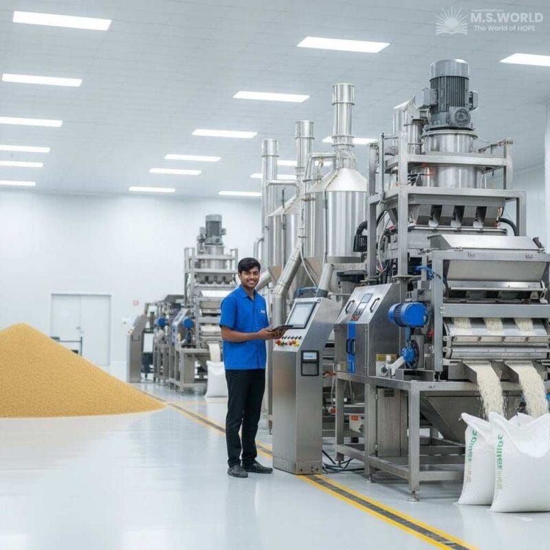 छत्तीसगढ़ में एक आधुनिक चावल मिल, जो राज्य के कृषि आधारित उद्योगों की तकनीकी प्रगति को दर्शाती है।