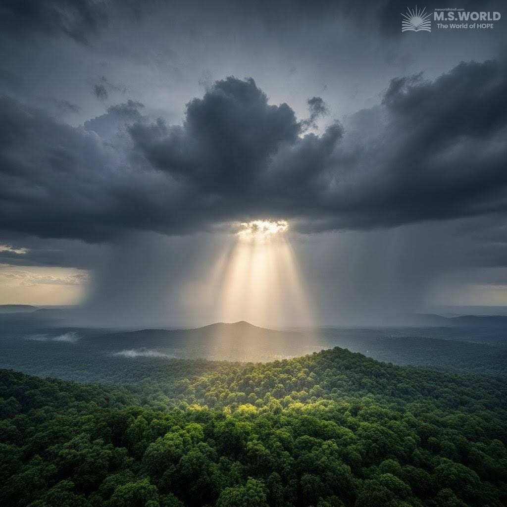 छत्तीसगढ़ के घने जंगलों के ऊपर छाए मानसूनी बादल और उनमें से फूटती सूर्य की किरणें, जो राज्य की वन संपदा और जलवायु को दर्शाती हैं।
