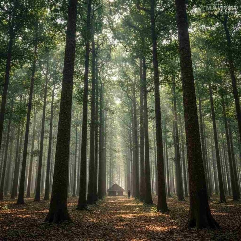 छत्तीसगढ़ के बस्तर में स्थित घने साल के वनों का दृश्य, जिसमें ऊँचे-ऊँचे पेड़ हैं और बीच में एक छोटी सी आदिवासी झोपड़ी दिख रही है।