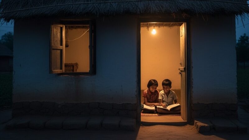 छत्तीसगढ़ के एक ग्रामीण घर में बिजली के बल्ब की रोशनी में पढ़ रहे दो बच्चे, जो ग्रामीण जीवन और शिक्षा पर ऊर्जा के सामाजिक-आर्थिक प्रभाव को दर्शाते हैं।