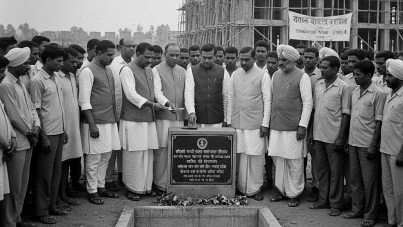 छत्तीसगढ के ऊर्जा संसाधन - 1960 के दशक की एक ऐतिहासिक तस्वीर जिसमें छत्तीसगढ़ के कोरबा में पहले ताप विद्युत गृह की नींव रखी जा रही है, जो राज्य की ऊर्जा यात्रा की शुरुआत का प्रतीक है।