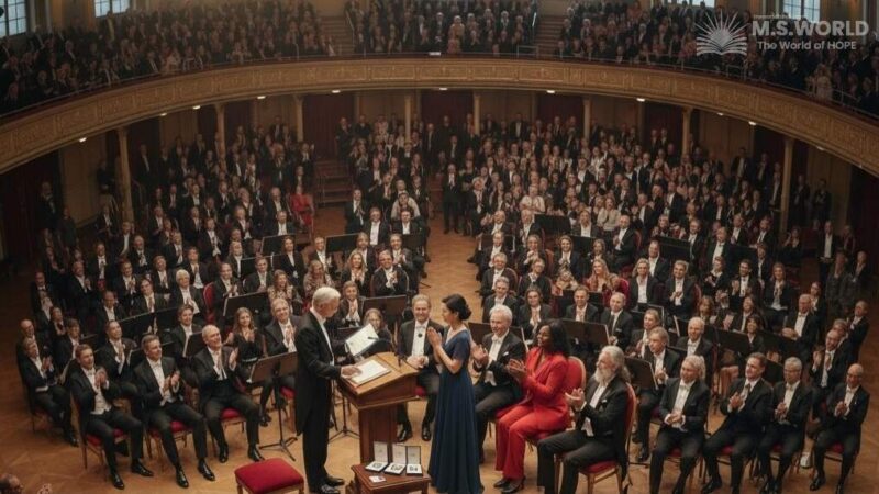 नोबेल पुरस्कार 2025 पुरस्कार समारोह का एक भव्य और जीवंत दृश्य।