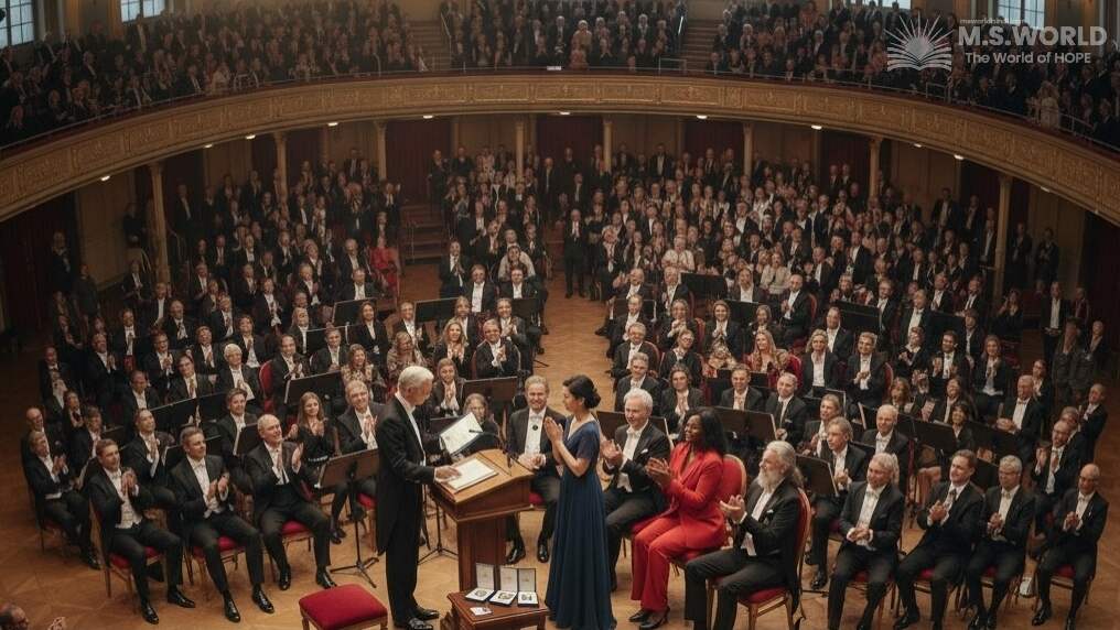 नोबेल पुरस्कार 2025 समारोह का दृश्य, जहाँ विजेता स्टॉकहोम कॉन्सर्ट हॉल में पुरस्कार प्राप्त कर रहे हैं।
