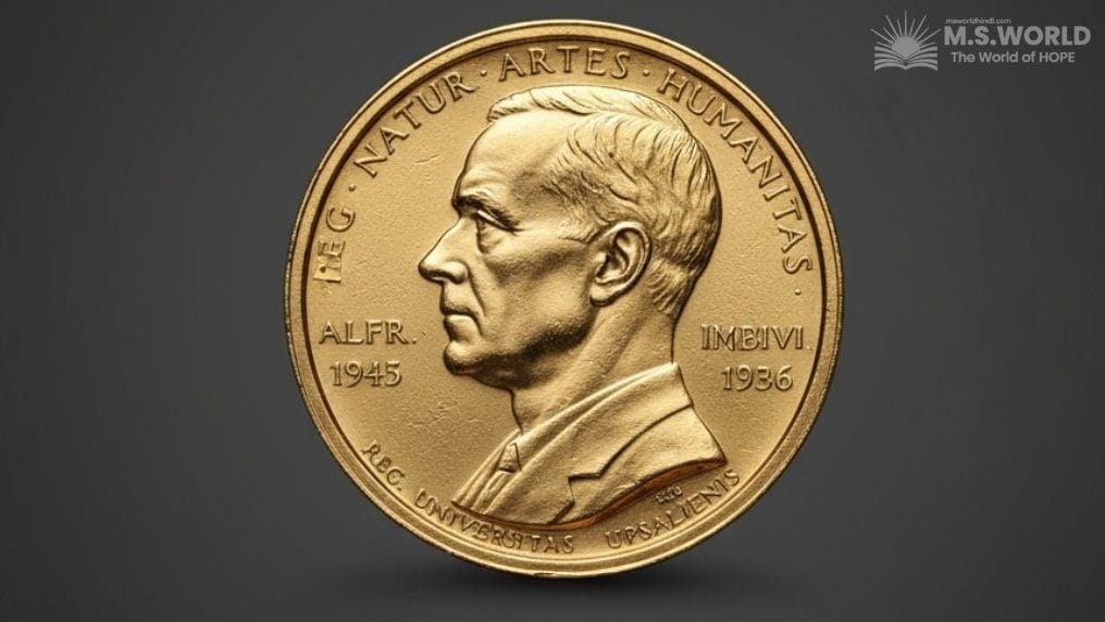 नोबेल पुरस्कार 2025 विजेता सूची और नोबेल पुरस्कार का स्वर्ण पदक (Gold Medal) जिसमें अल्फ्रेड नोबेल का चित्र अंकित है।