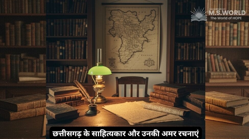 छत्तीसगढ़ के साहित्यकारों की लेखन डेस्क का एक विंटेज दृश्य। एक पुरानी लकड़ी की मेज पर पंख वाली कलम, स्याही की दवात और हस्तलिखित पांडुलिपियां रखी हैं। पृष्ठभूमि में छत्तीसगढ़ का नक्शा है।