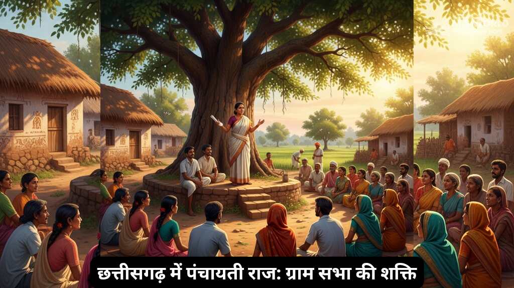 छत्तीसगढ़ में एक ग्राम सभा की बैठक का जीवंत दृश्य। एक महिला सरपंच पेड़ के नीचे चबूतरे पर खड़ी होकर ग्रामीणों को संबोधित कर रही हैं, जो लोकतंत्र में सबकी भागीदारी को दर्शाता है।