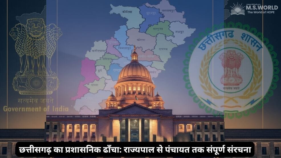 छत्तीसगढ़ के प्रशासनिक ढाँचे को दर्शाती हुई एक प्रतीकात्मक छवि। अग्रभूमि में छत्तीसगढ़ विधानसभा भवन और पृष्ठभूमि में छत्तीसगढ़ का जिला-वार नक्शा और न्याय का प्रतीक है।