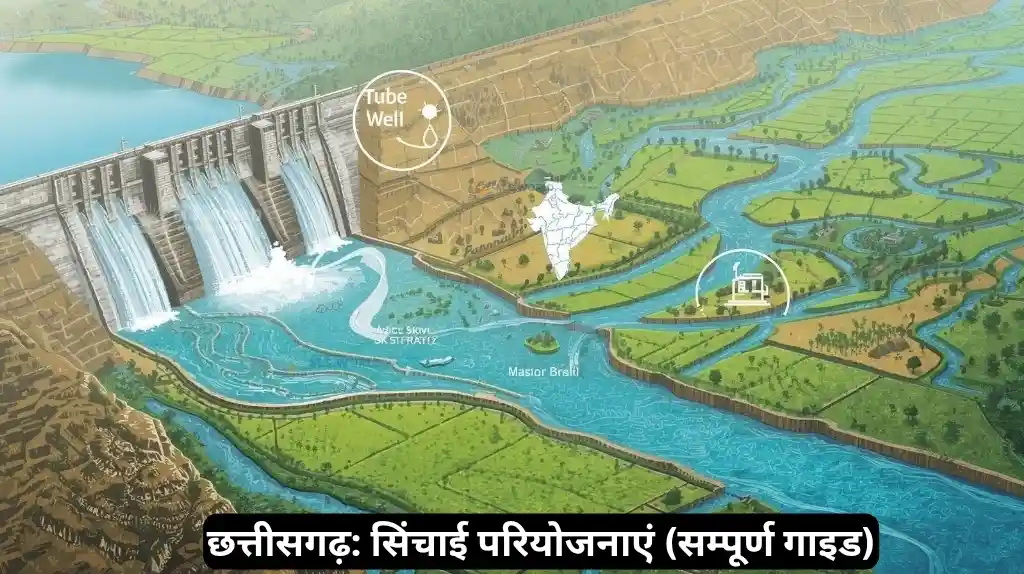 छत्तीसगढ़ की सिंचाई परियोजनाएं : Map of Chhattisgarh showing major dams and irrigation projects like Gangrel and Hasdeo